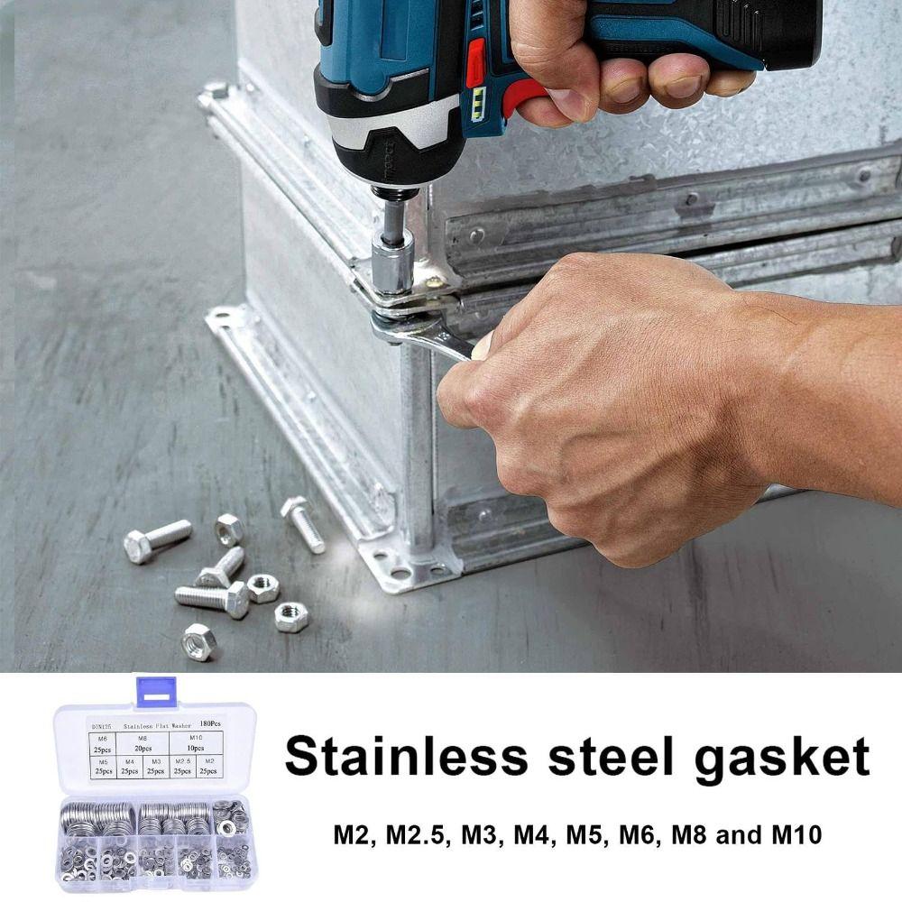 180pcs 304 Stainless Steel Flat Washer Assortment Flat Design Plain Gasket Set Factory Maintenance