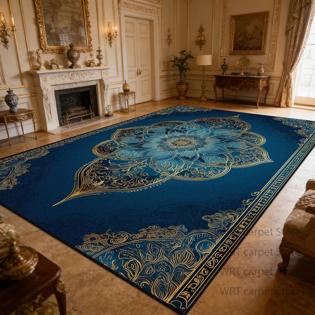 Luxury Retro Blue Golden Carpet Living Room Short Velvet European Style Washable Soft Large Area Rugs Dining Room Bedroom Mats