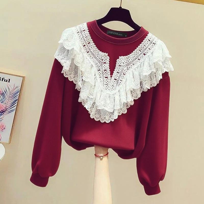 

ZANZEA Осінні жіночі пуловери з круглим вирізом та мереживом, повсякденні, з довгим рукавом 3XL вина червоного кольору