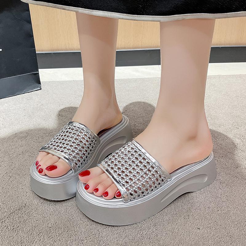 Fashion Platform Platform Slippers Women's Fashion Round Toe Open Toe Woven Strap Anti-slip Wear-resistant Kitten Heel Shoes