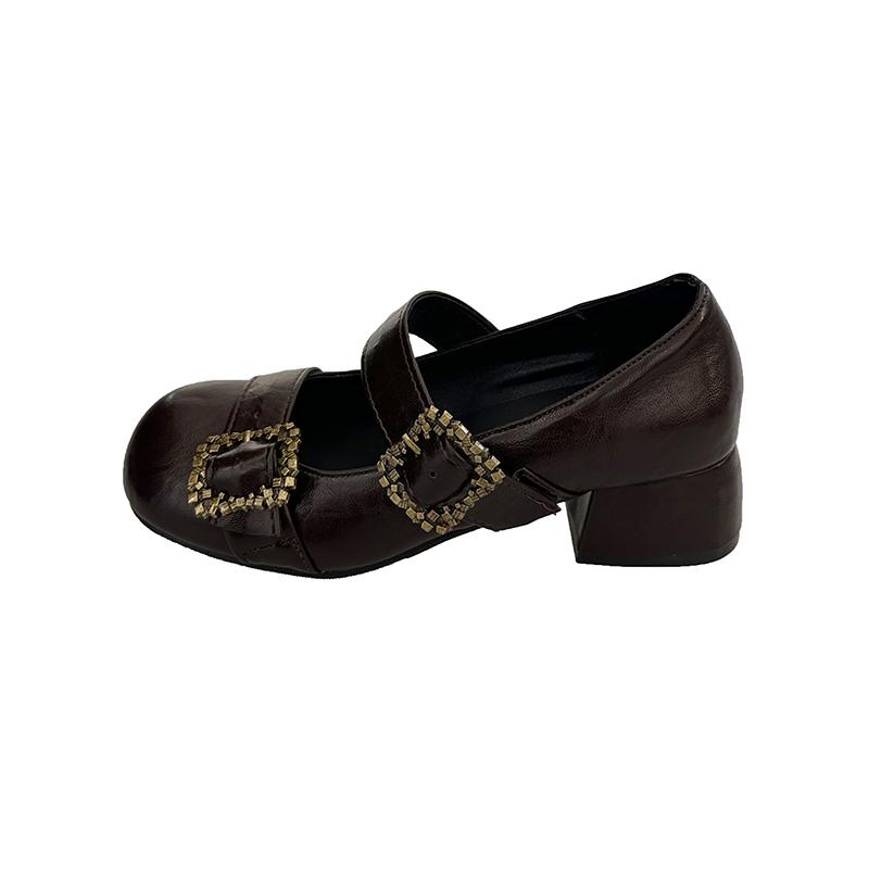 Fashion Rhinestone Metal Buckle with Square Heel Single Shoes Autumn New Round Toe Deep Mouth Non-slip Wear-resistant High Heels