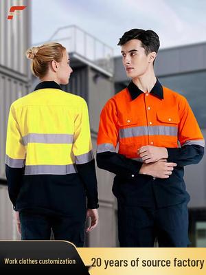 Reflective Cotton Long Sleeve Workwear Shirt with Custom Logo for Construction, Railway, and Mining.