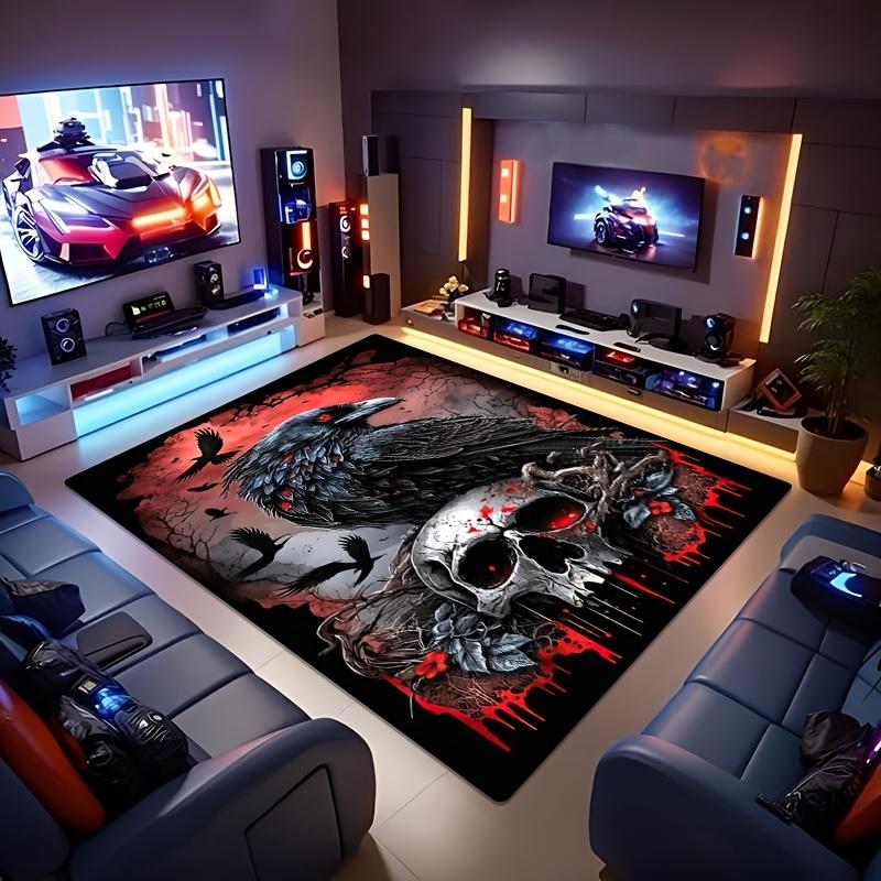 Gothic Crow Skull Rug Crystal Velvet Black Red Blood Drip Macabre Decor Kitchen Bathroom