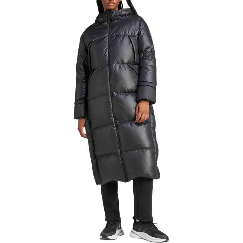 Adidas Solid Color Hooded Zipper Mid-Length Long Sleeve Down Jacket Women Outerwear Black IV9770