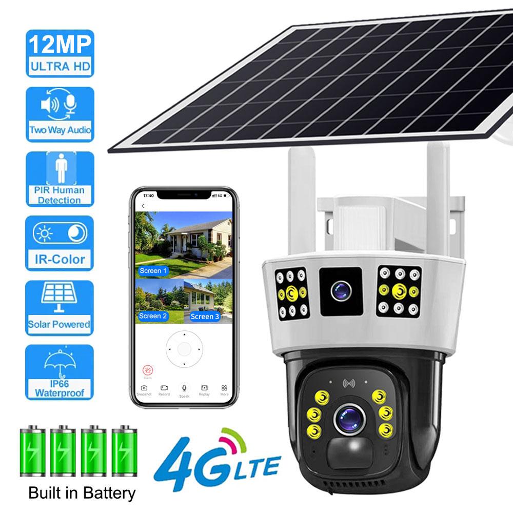 

12MP 4G Сонячна камера Три екрани IP66 Водонепроникна IP Camara PIR нічного бачення Вбудований акумулятор 8000mah Монітор відеоспостереження верблюд