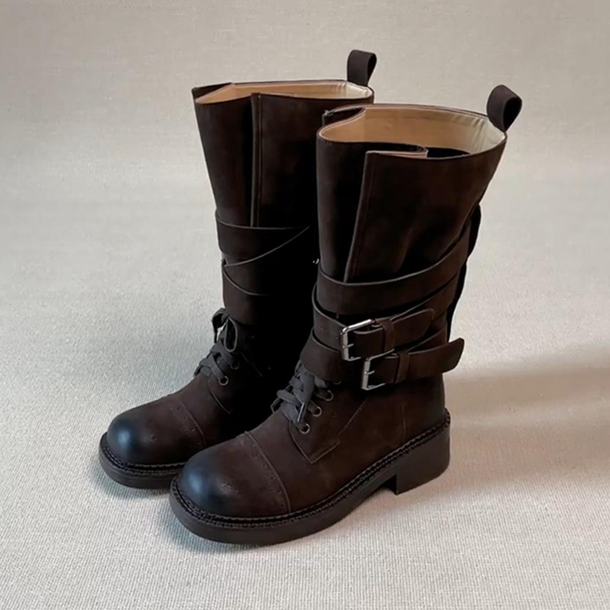 

Sheepskin version~ Lazy fashion retro sheepskin lace-up locomotive boots women s design belt buckle medium tube thick heel knight boots 40