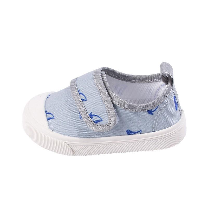 Spring 2026 Kids' Canvas Shoes: Printed Toe Cap, Velcro Closure, Anti-Kick Soft Sole, Toddler-Friendly.