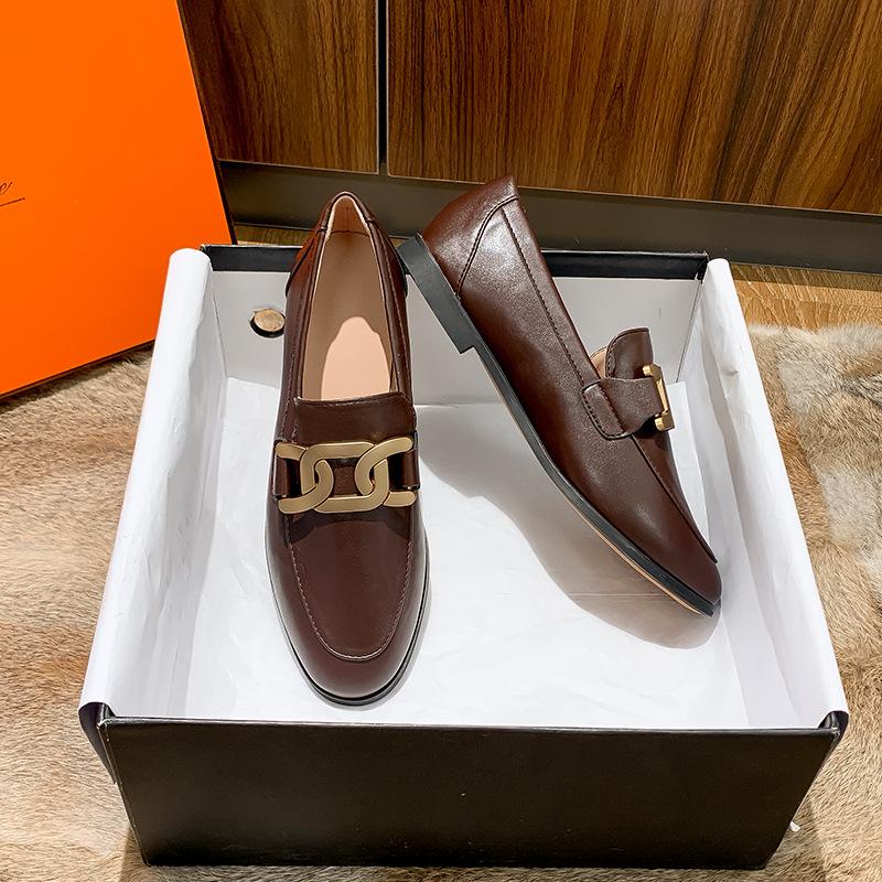High Quality Leather Shoes Metal Chains Flat Women Round Toe Mules Spring Autumn Single Moccasins Female Comfy Slip On Loafers