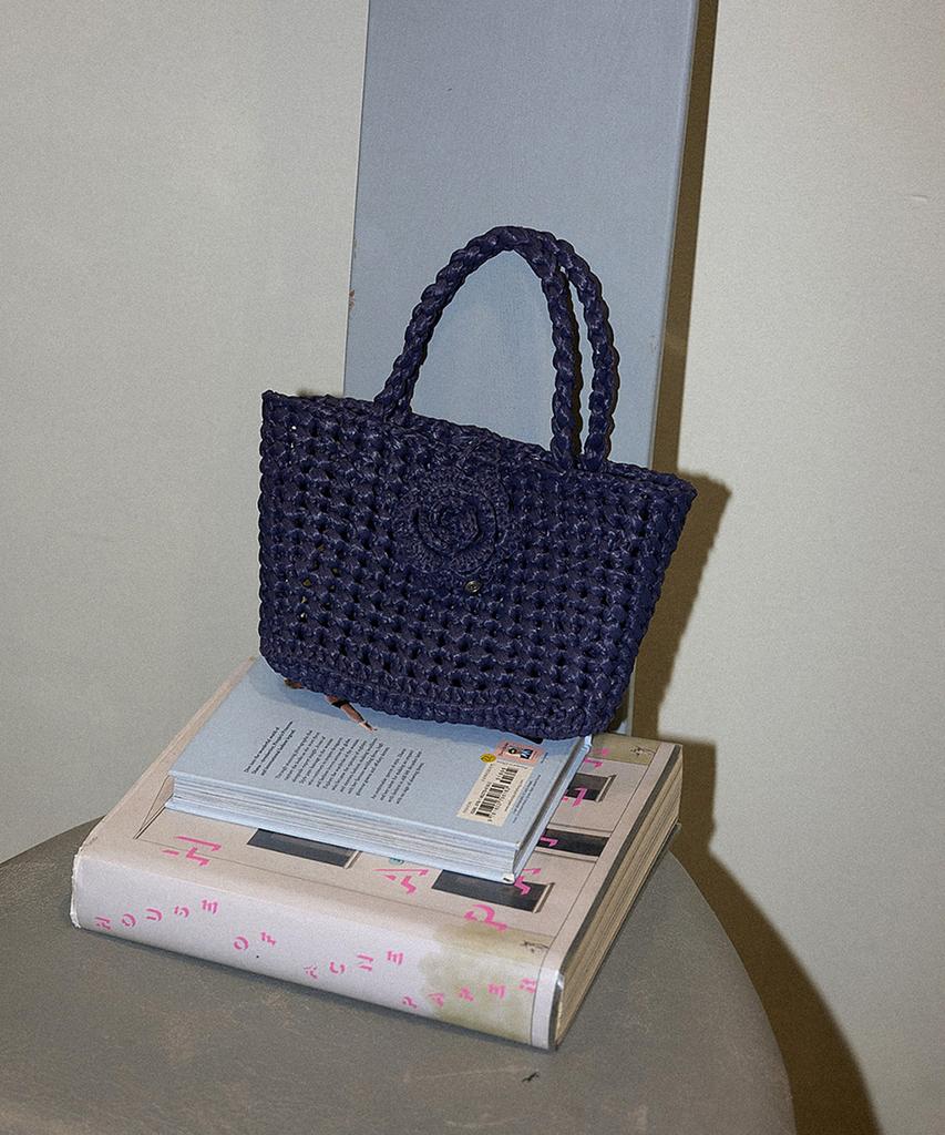Slowslowly Camellia Handmade Crochet Raffia Mini Tote Bag _ Navy