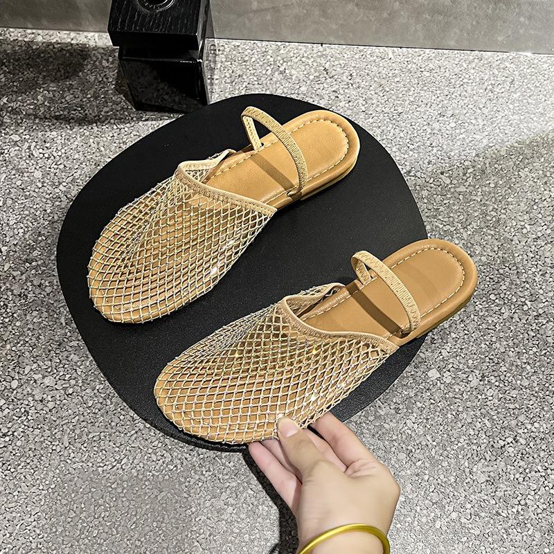 Large Size Flat Bottom Slippers for Women In Summer Fishing Net Socks Water Diamonds Two Pairs of Sandals for Women