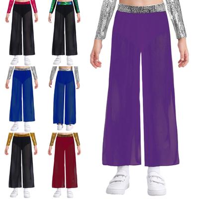 Bühnentanzhosen für Mädchen: Weiter Bein mit seitlichem Schlitz, Pailletten-Bund und Chiffon-Überlage für Kostüm