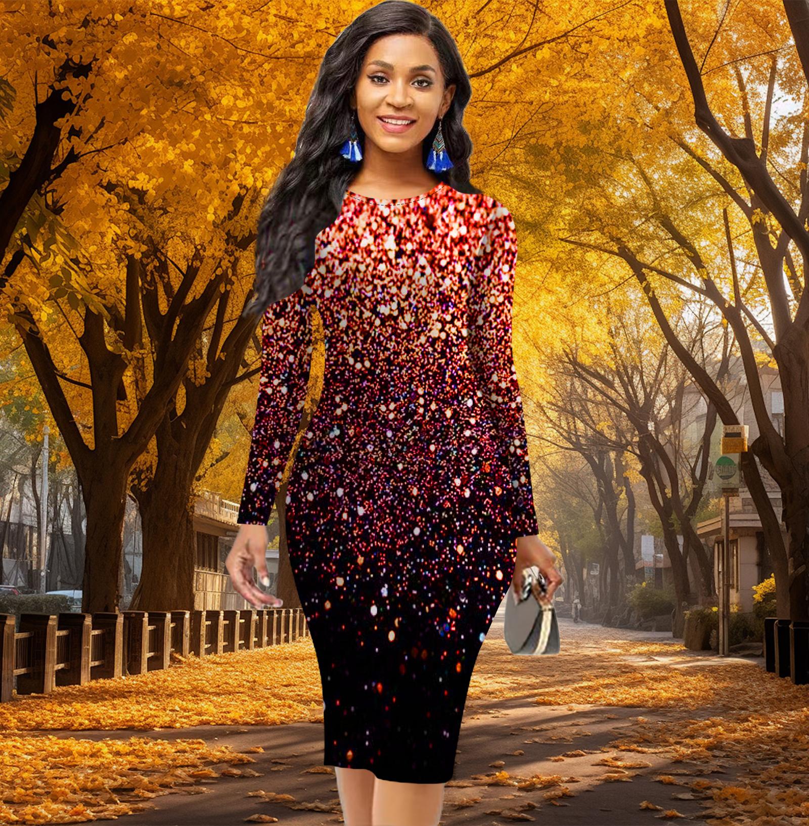 

Длинный рукав, облегающее офисное платье с принтом звездного неба в горошек, элегантное облегающее платье S красный