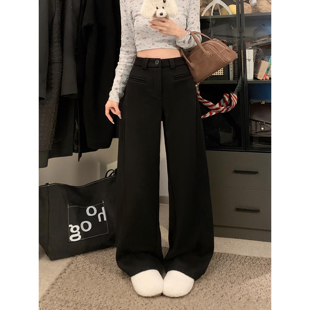 

2025 A/W Women s Plus Velvet Wide-Leg Wool Pants: Thickened, Fashionable, Versatile, Loose, Casual Suit Pants Small чорний
