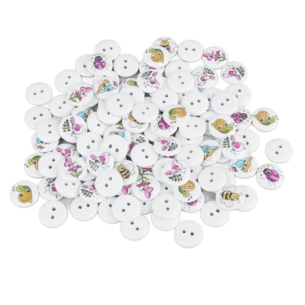 100pcs 0.6 Inch Wooden Buttons 2 Holes Round Buttons Cartoon Decorative Buttons  For DIY Crafts
