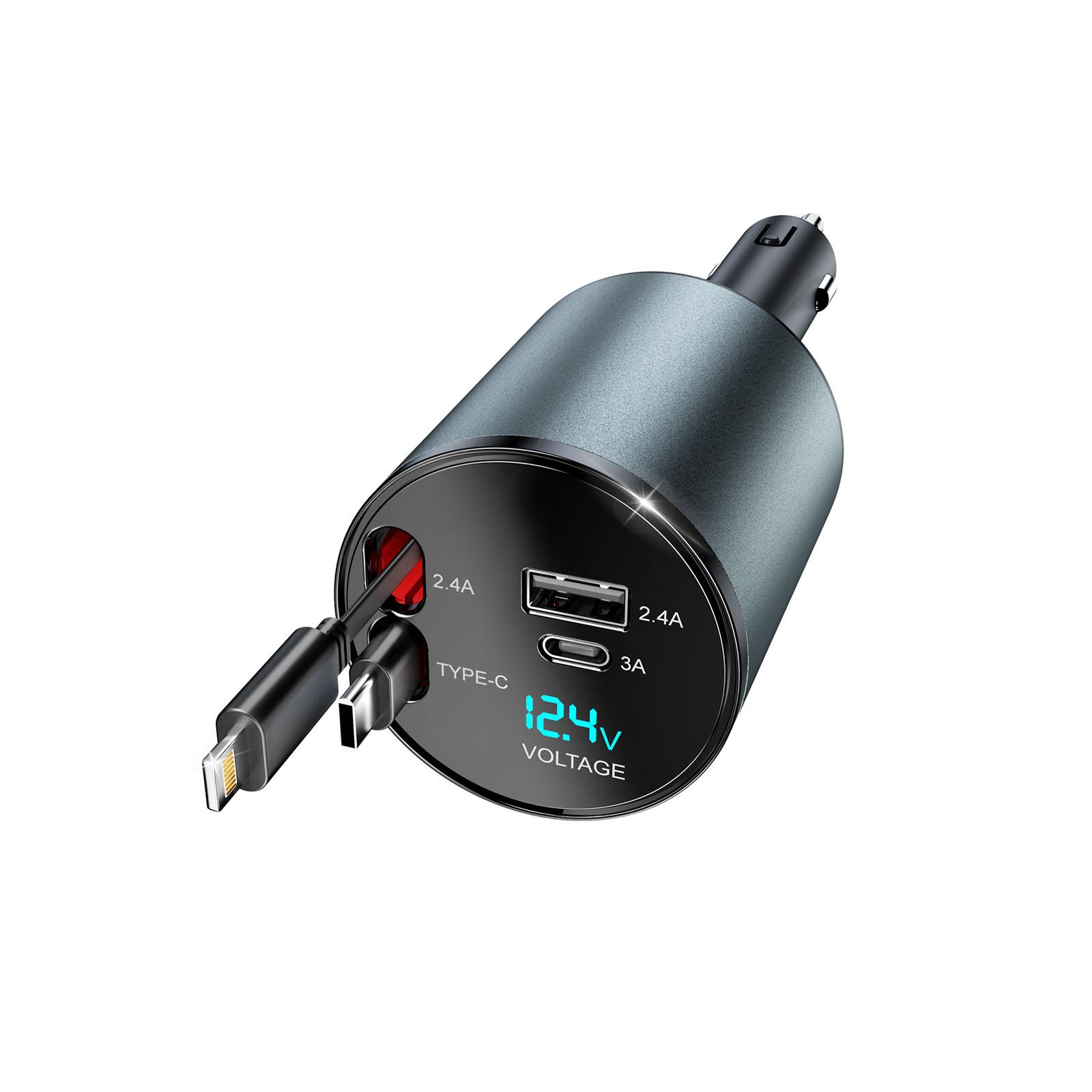 

Автомобильное зарядное устройство поддерживает быструю зарядку, имеет выдвижной кабель, зарядку через гнездо прикуривателя. One Size