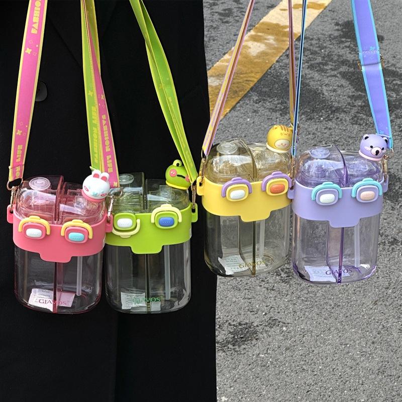 Large Capacity Plastic Cup With Double Drink Compartments Stylish And Cute Cartoon Design