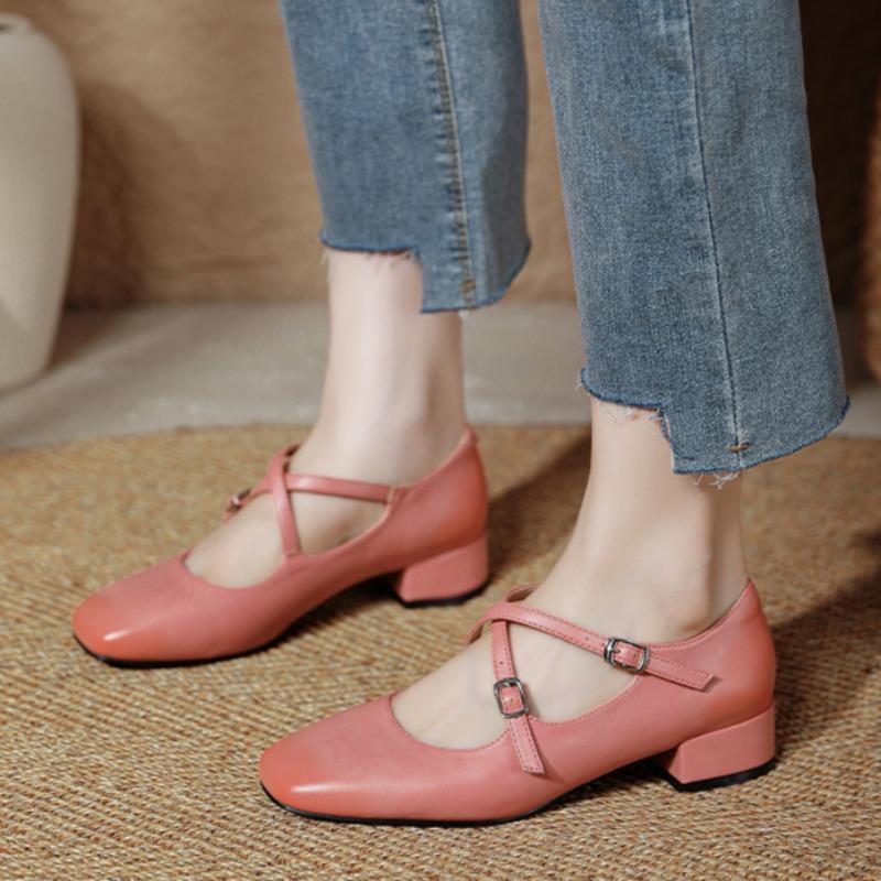 Retro Medium Thick Heel Women's Shoes Lightweight Mary Jane Shoes Cross Strap Square Toe Small Leather Shoes Shallow Mouth Casual Shoes