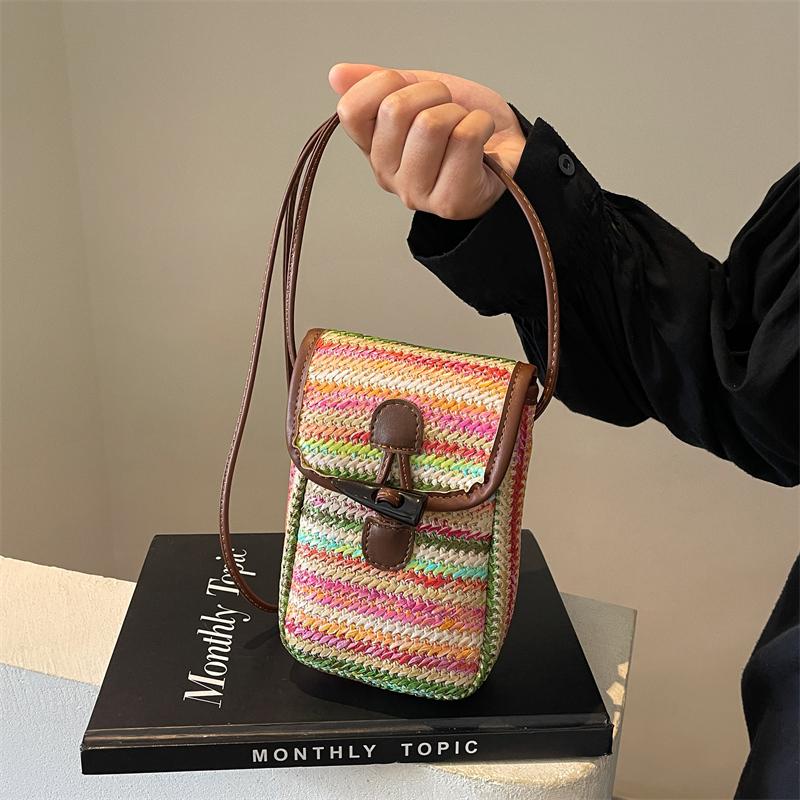 Sommer Ny Mini Reise Stråvevd Crossbody-veske Dame Utsøkt og Søt Liten Håndveske Dame Mobiltelefonveske Skulderveske Strandveske