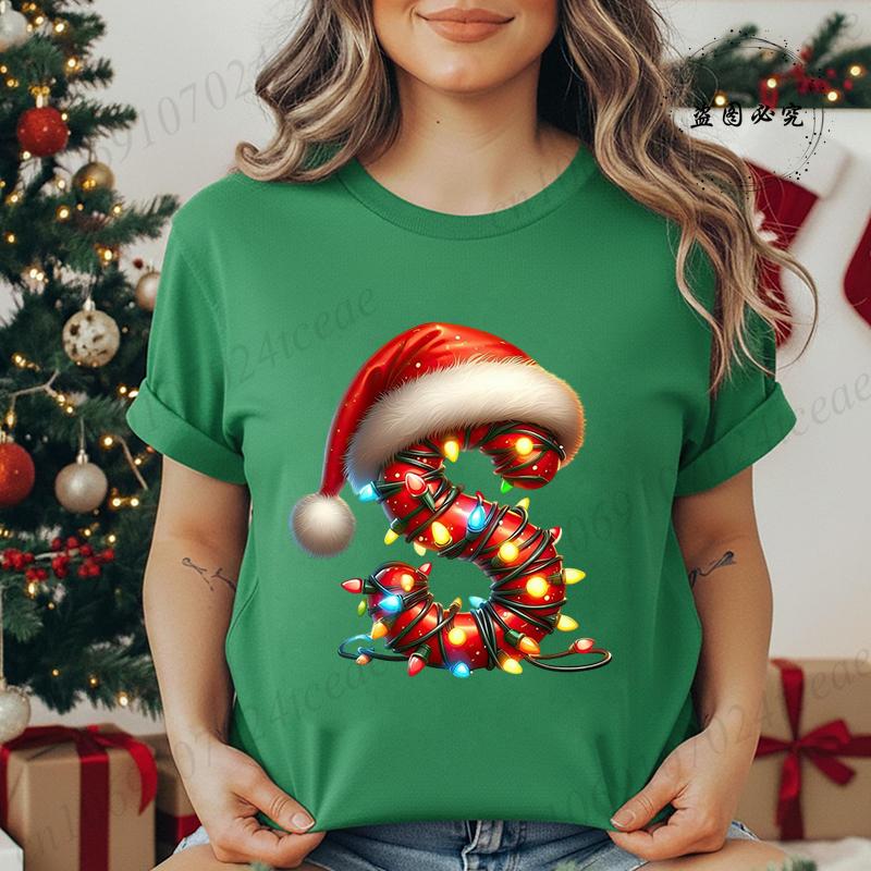 Women's Casual T-Shirt Christmas-lights-wrapped-letter Graphic Tshirt Christmas Design Round Neck Short Sleeve Tee Shirt Clothes