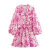 Mode Pinker Print Damenkleid Elegant Dreiviertelärmel Schnürkleider Lässig Neu Plissierte Minikleider Streetwear