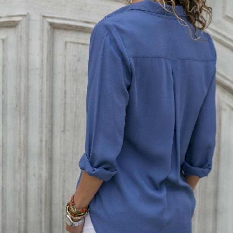 Spring Autumn Plus Size Women Blouses Solid Color Chiffon Shirts Long Sleeve Lapel Button Up Tops White Blue Black