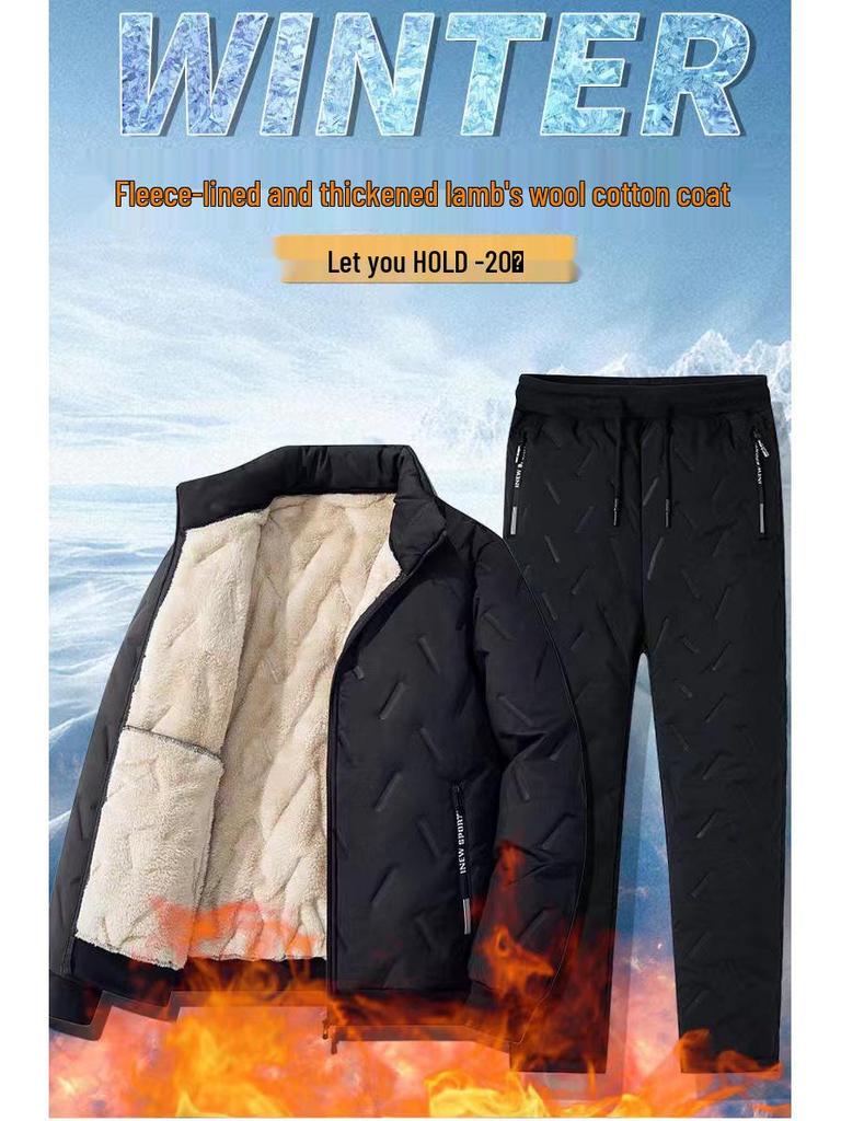Men's Windproof Lambskin Cotton Winter Coat with Velvet, Thick, Loose Fit, Stand Collar, Large Size.