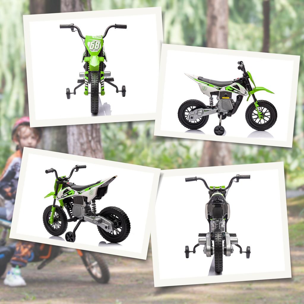 Moto Elettrica per Bambini, Moto per Bambini 12V con Musica, Veicolo per Bambini con Rotelle di Supporto, 3-6 Anni, Verde