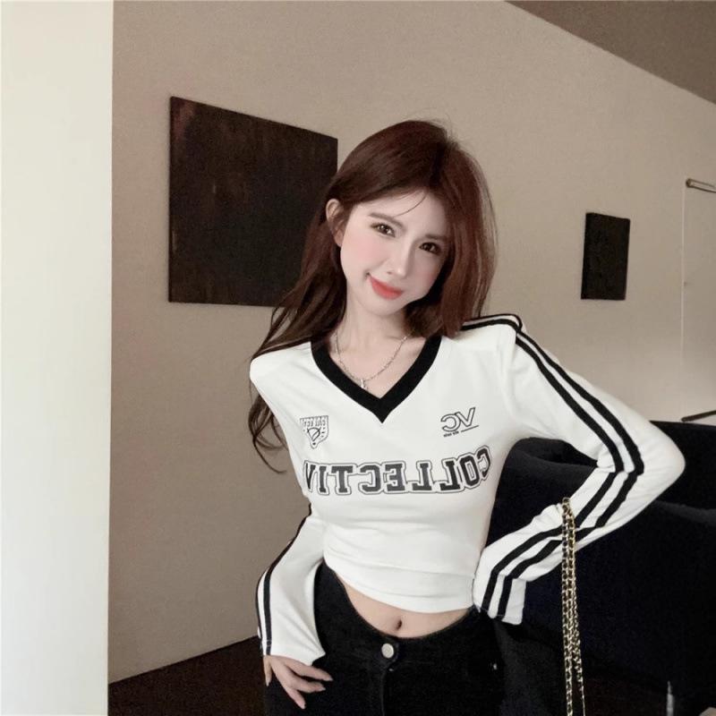 

American Sporty V-Neck Striped Long Sleeve Crop Top for Women, Slim Fit with Padded Shoulders, Perfect for Early Autumn. M (recommended below 100 jin) белый