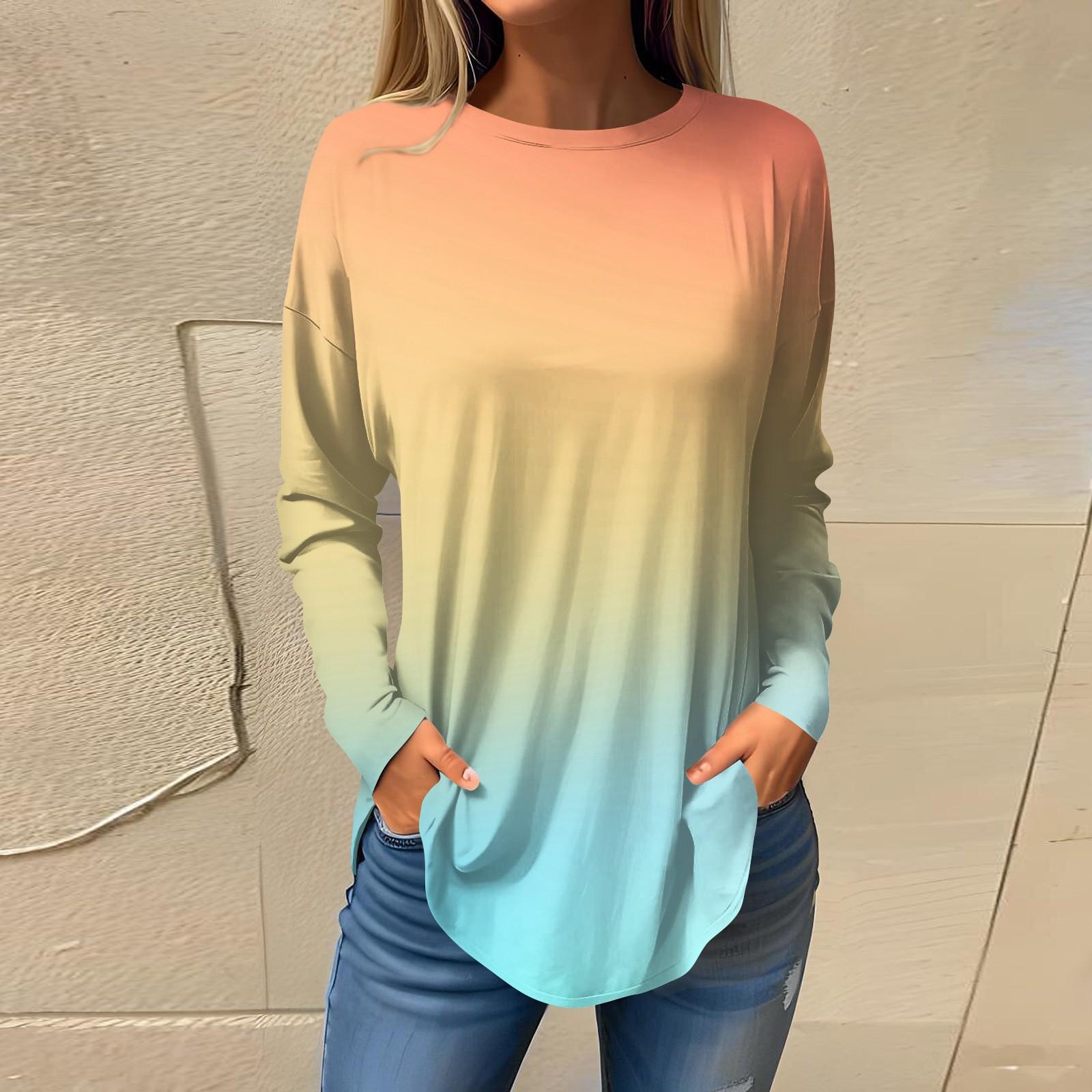 

Футболки для женщин, осенние повседневные рубашки с длинными рукавами, толстовка с градиентным принтом, топ, пуловер XL жёлтый