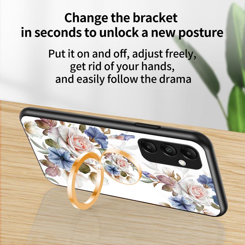 

For Samsung Galaxy A35 5G Tempered Glass Case Ring Kickstand Phone Cover Gardenias