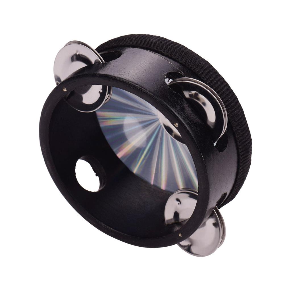 4 Inch Wooden Radiant Tambourine Handbell Hand Drum with Single Row Jingles Reflective Drum Head Percussion Instrument