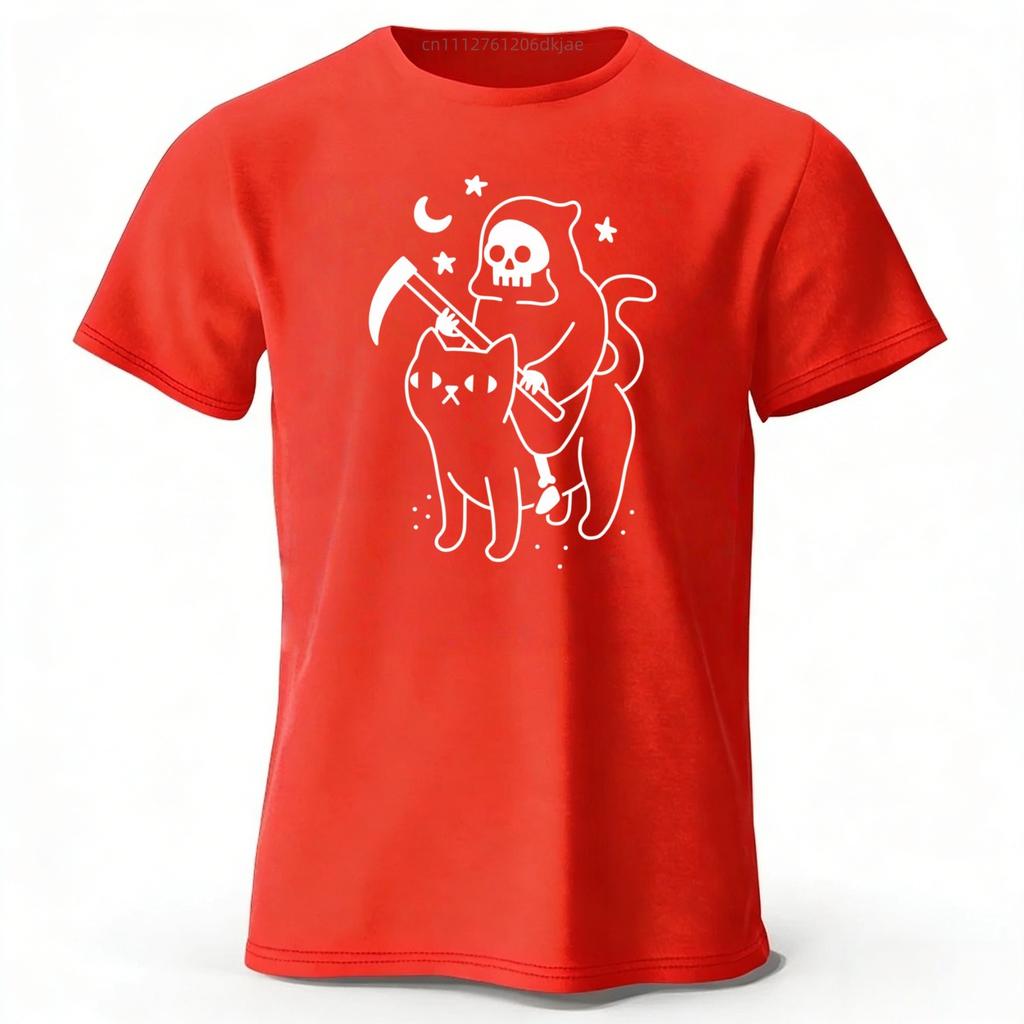 New Cute Death Cat Pure Cotton Tshirt for Men Large Size Loose Speed Drying Sports Top for Women Casual Fashion Short Sleeve