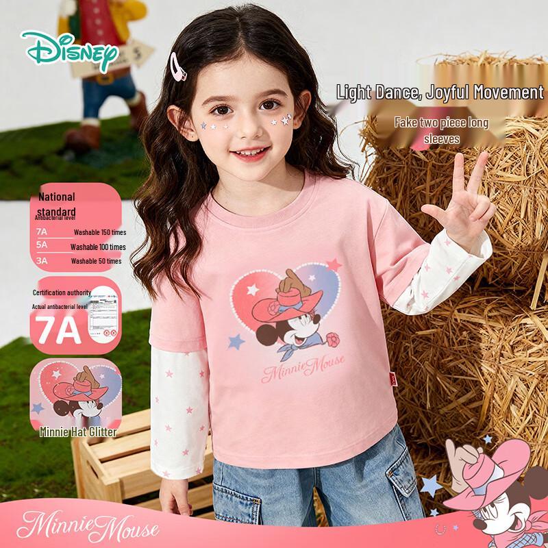 Disney Girls  Minnie Mouse 7A Antibacterial Fake Two-Piece Long Sleeve T-Shirt 140