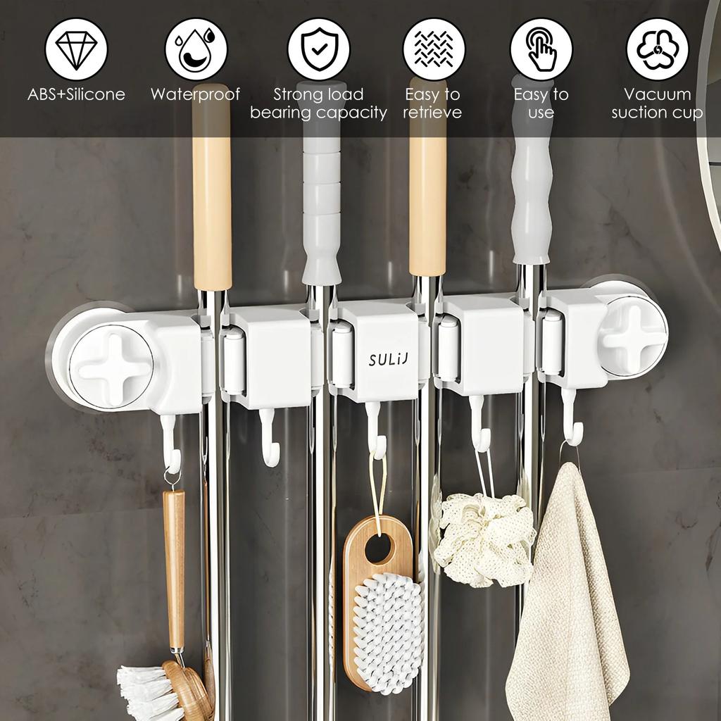 Broom Hook Holder Wall Mount Mop Organizer Vacuum Suction Cup Broom Hanger with 4 Racks and 5 Hooks Kitchen Bathroom Accessories