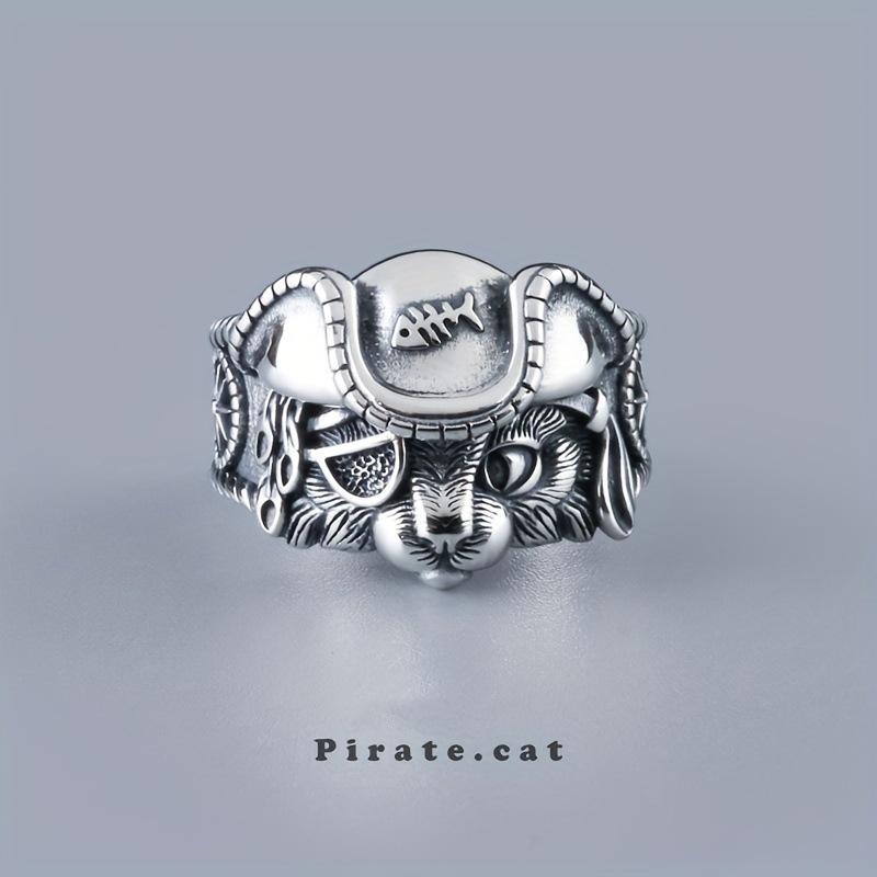 Taigu Cat Family Retro Silver Glasses Samurai Pirate Astronaut Cat Ring for Men and Women