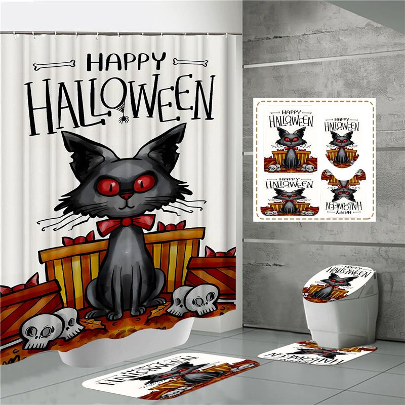 HOT Halloween Ghost Pumpkin Skull Shower Curtain Set with Non-Slip Rugs Toilet Lid Cover and Bath Mat Washable Trick or Treat