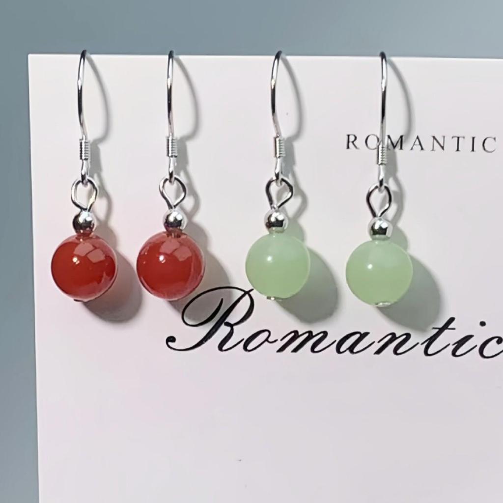 Hetian Jade Round Bead Earring Hooks - Simple, Elegant Hanfu Style