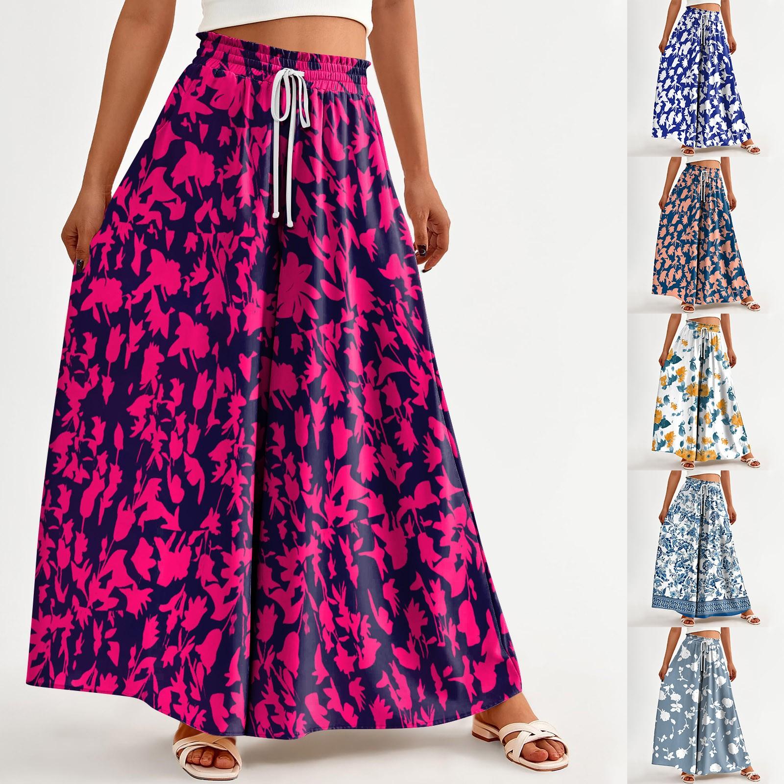 

Women s Printed Wide Leg Pants With Pockets High Waist Drawstring Loose Casual Pants L синій