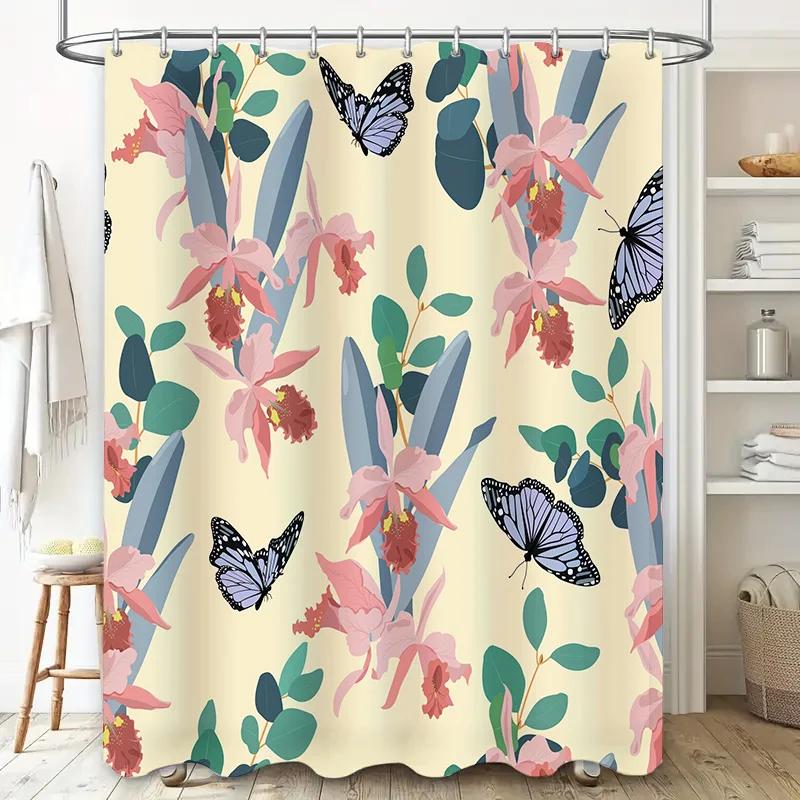

Floral Butterfly Shower Curtain Printed Waterproof Fabric Bathroom Decor For Home Soft Pink Green Floral Pattern With W60H190(CM)-1 Pcs