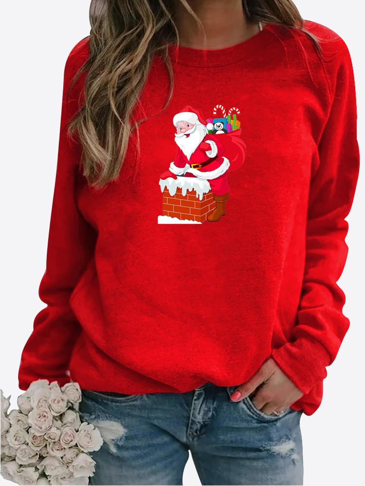 Zimowa damska Casual z długimi rękawami, nadrukiem Świętego Mikołaja, damska, wokół szyi, luźna koszulka, topy w dużych rozmiarach, sweter z długim rękawem