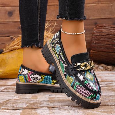 Trendige britische flache Schuhe mit dicken Absätzen, Retro-Lederschuhe für Damen, runde Spitze, Frühling, Herbst, Schlangenmuster, einfaches Design