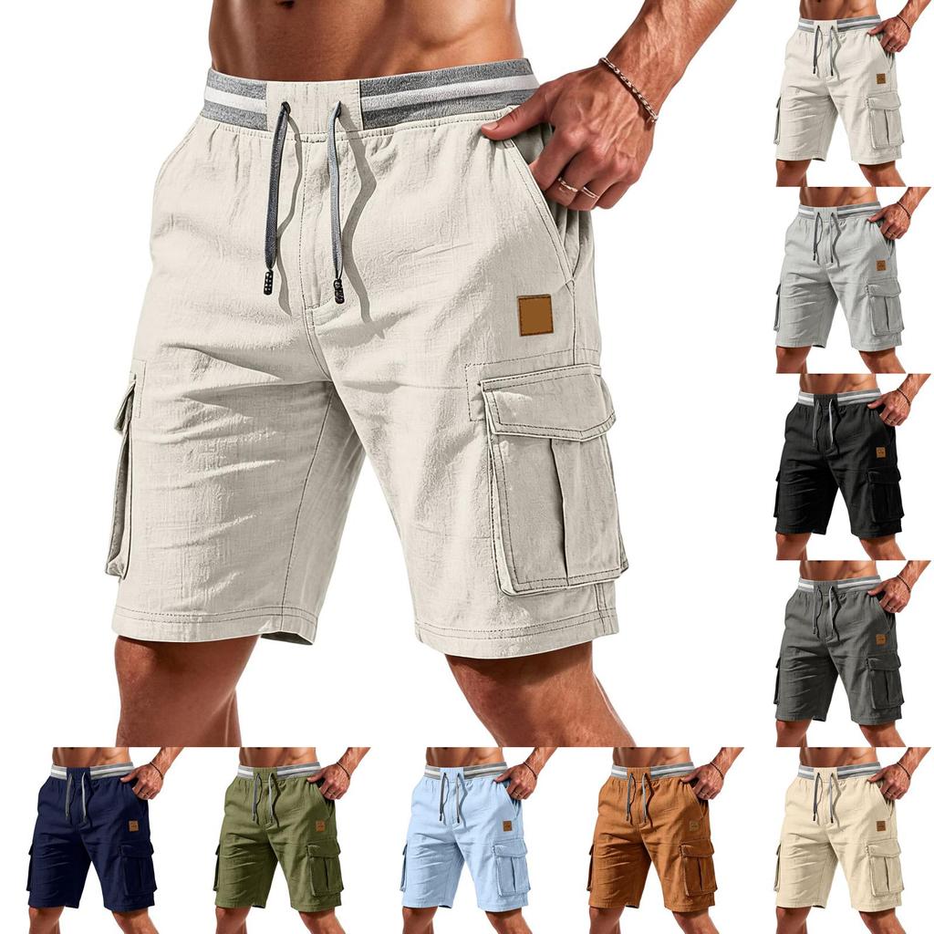 Pantalones Cortos Cargo Ligeros Transpirables con Cintura Elástica y Cordón, Estilo Casual Vintage para Hombre, Múltiples Bolsillos para Actividades al Aire Libre