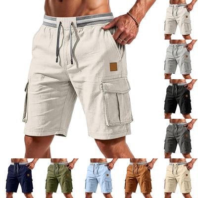 Men's Casual Vintage Elastic Waist Drawstring Lightweight Breathable Multi Pocket Cargo Shorts for Outdoor Activities