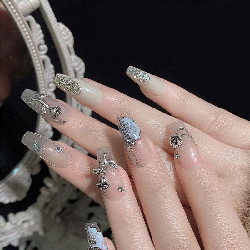 10Pcs 3D Rose Nail Art Ornament Alloy Nail Art Charms Diy Craft For Nail Decoration Silver Retro Flower Nail Charm Jewelry Salon