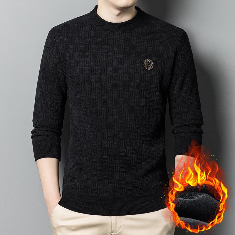 Chenille Sweater Men's New Winter Velvet Thickened Jacquard Beaded Round Neck Trendy Men's Knitted Bottoming Shirt