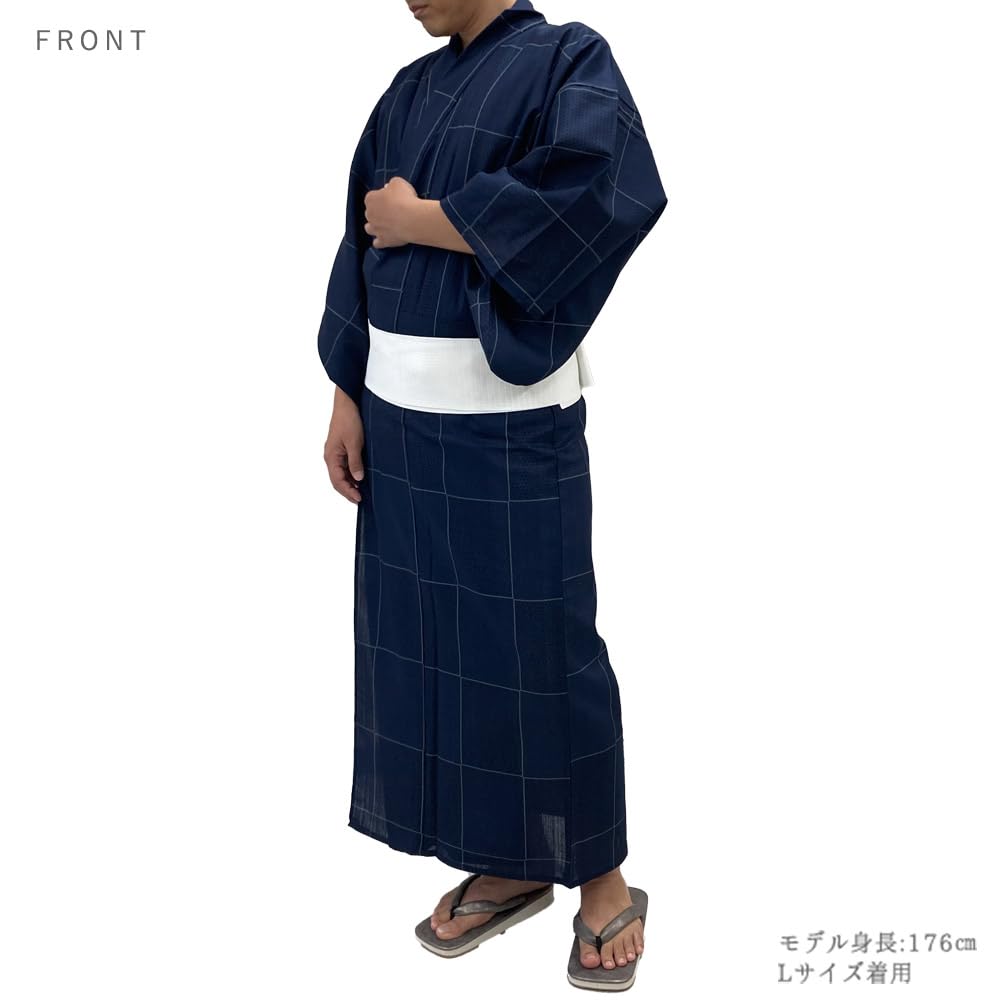 Conjunto Yukata para Hombre Kyoto Kimono Yuzen, Kimono de Algodón de 2 Piezas con Obi Cuadrado de Un Toque, Patrón de Cascada, Patrón Ajedrezado, Azul Marino (METRO)
