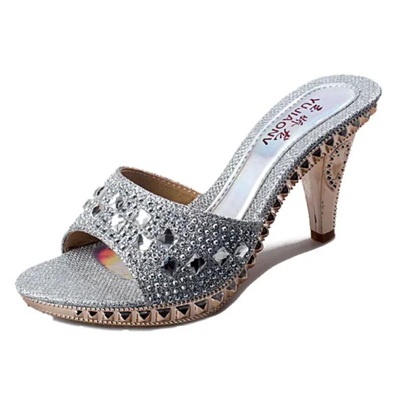 

Summer Women Sandals Rhinestone Shoes Sexy High Heels Shoe Ladies Sandalias Gold Silver Slippers Heeled Sandals Sexy 34EU/CN35