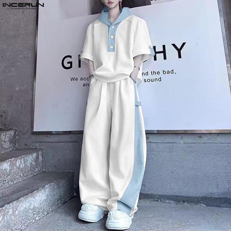 INCERUN Two Pieces Men Short Sleeve Splicing Hooded T-shirts Long Pants Sets