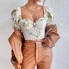 Street Backless Puff Sleeve Sexy Shirt Women with Steel Ring Fishbone Vintage Slim Fit Sexy Crop Tops for Women Print Elegant Blouses 24441