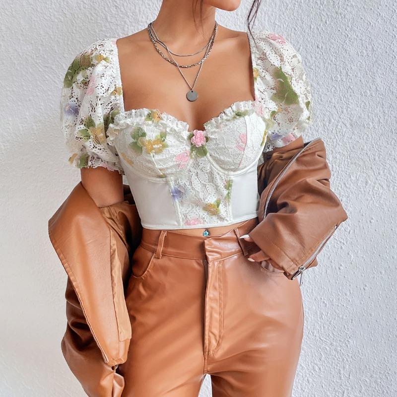 Street Backless Puff Sleeve Sexy Shirt Women with Steel Ring Fishbone Vintage Slim Fit Sexy Crop Tops for Women Print Elegant Blouses 24441